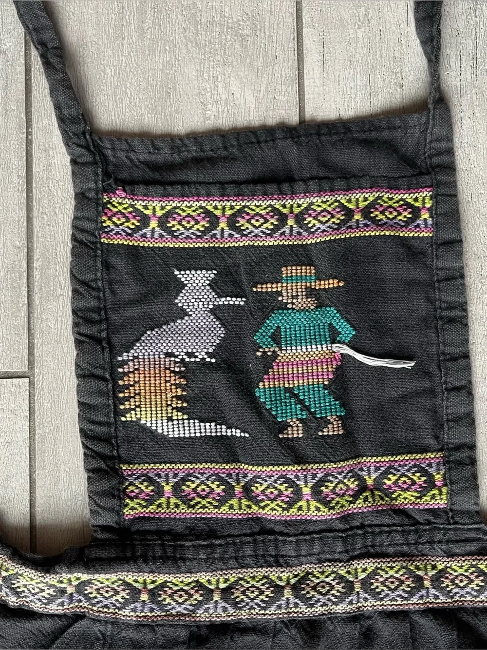 Vtg 70's‎ South American Dancers Hand Embroidered Apron Black Cotton Tie Back